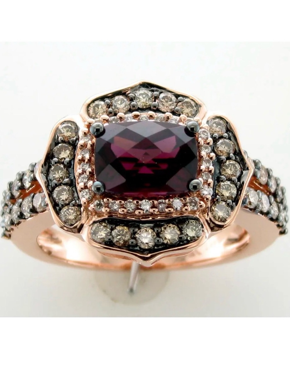 Levian Raspberry Garnet with vanilla and chocolate diamonds in strawberry gold